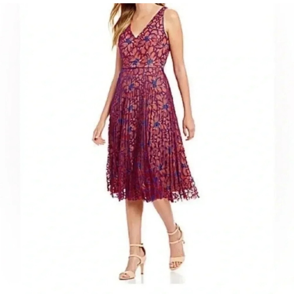 ANTONIO MELANI Red and Blue Lace  Midi Dress